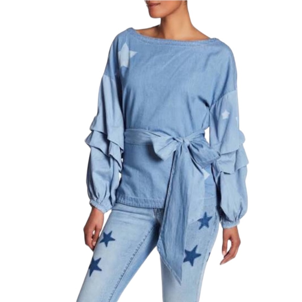 NWT Nanette Lepore “Indigo Star” Chambray Tiered Sleeves Blouse
